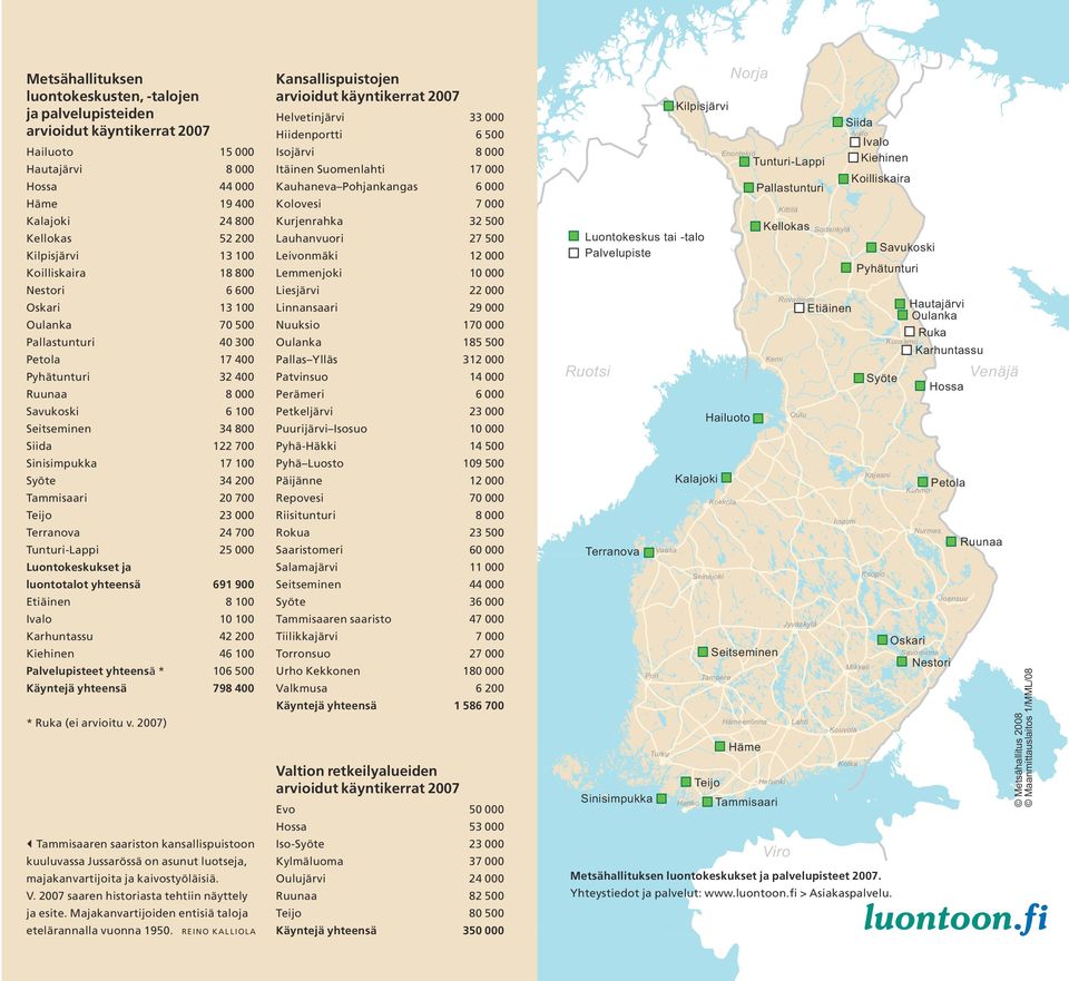 Syöte 34 200 Tammisaari 20 700 Teijo 23 000 Terranova 24 700 Tunturi-Lappi 25 000 Luontokeskukset ja luontotalot yhteensä 691 900 Etiäinen 8 100 Ivalo 10 100 Karhuntassu 42 200 Kiehinen 46 100