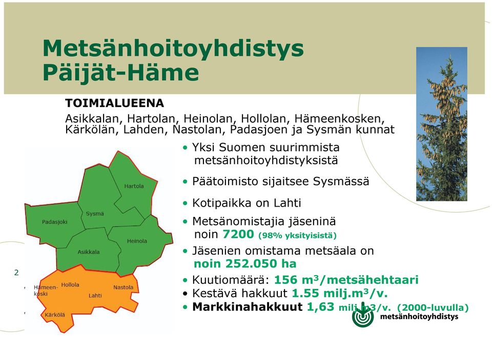 Kotipaikka on Lahti 2 Metsänomistajia jäseninä noin 7200 (98% yksityisistä) Jäsenien omistama metsäala on noin 252.