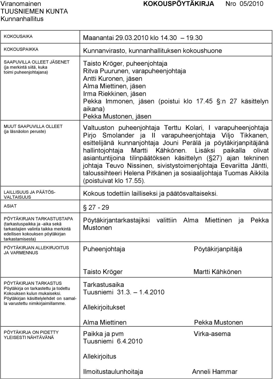 puheenjohtaja Ritva Puurunen, varapuheenjohtaja Antti Kuronen, jäsen Alma Miettinen, jäsen Irma Riekkinen, jäsen Pekka Immonen, jäsen (poistui klo 17.