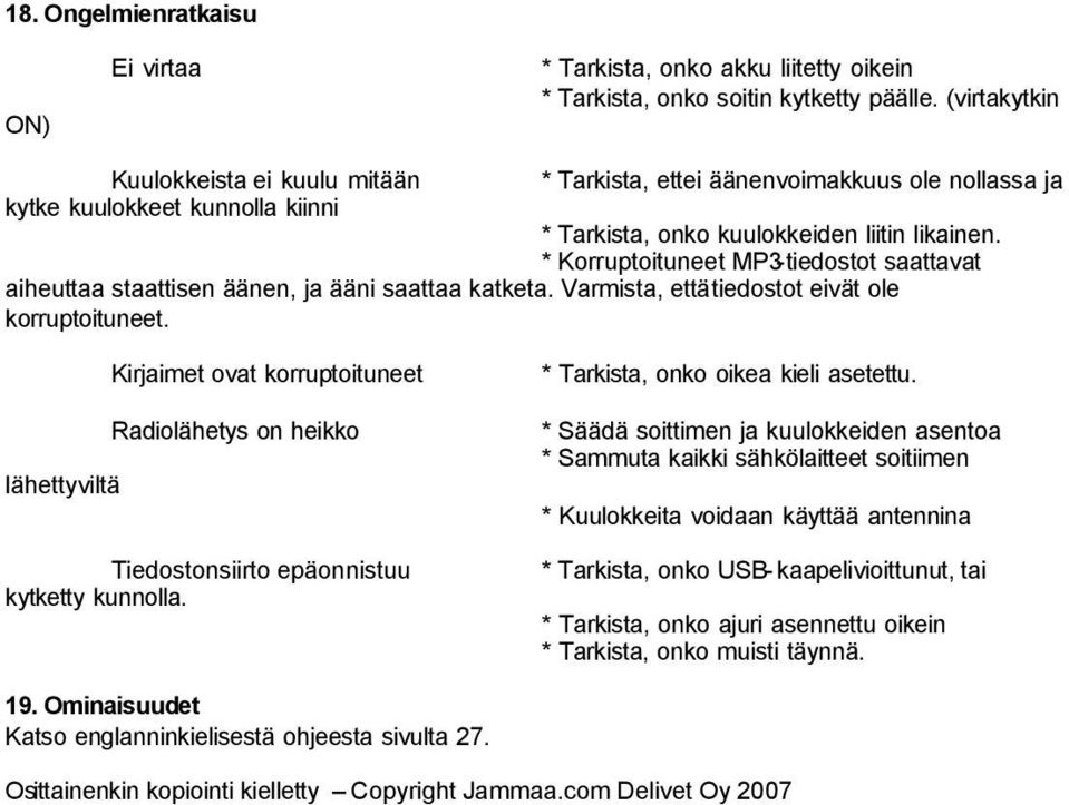 * Korruptoituneet MP3-tiedostot saattavat aiheuttaa staattisen äänen, ja ääni saattaa katketa. Varmista, että tiedostot eivät ole korruptoituneet.