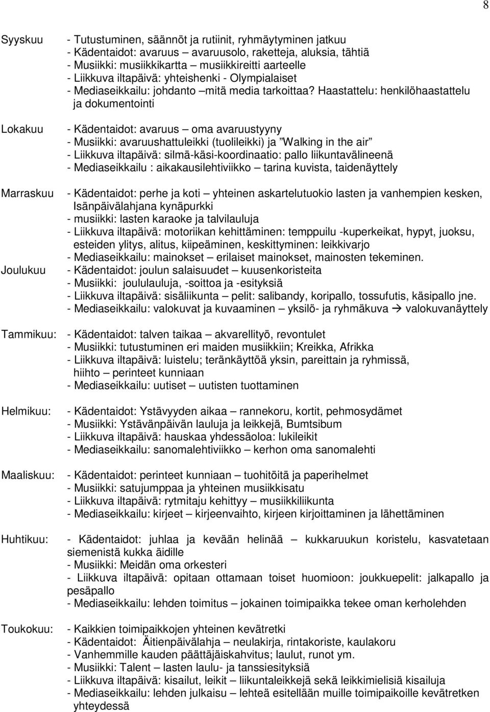 Haastattelu: henkilöhaastattelu ja dokumentointi - Kädentaidot: avaruus oma avaruustyyny - Musiikki: avaruushattuleikki (tuolileikki) ja Walking in the air - Liikkuva iltapäivä: