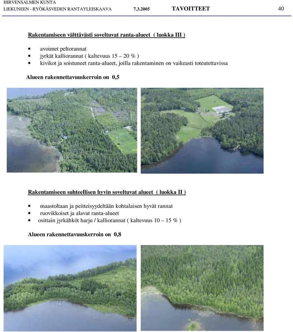 % ) kivikot ja soistuneet ranta-alueet, joilla rakentaminen on vaikeasti toteutettavissa Alueen rakennettavuuskerroin on 0,5 Rakentamiseen