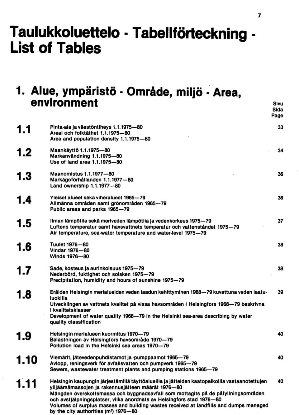 1.1971-80 Yleiset alueet sekä viheralueet 1965-79 36 Allmänna områden samt grönområden 1965-79 Public areas and parks 1965-79 Ilman lämpötila seka meriveden lämpötila ja veden korkeus 1975-79 37