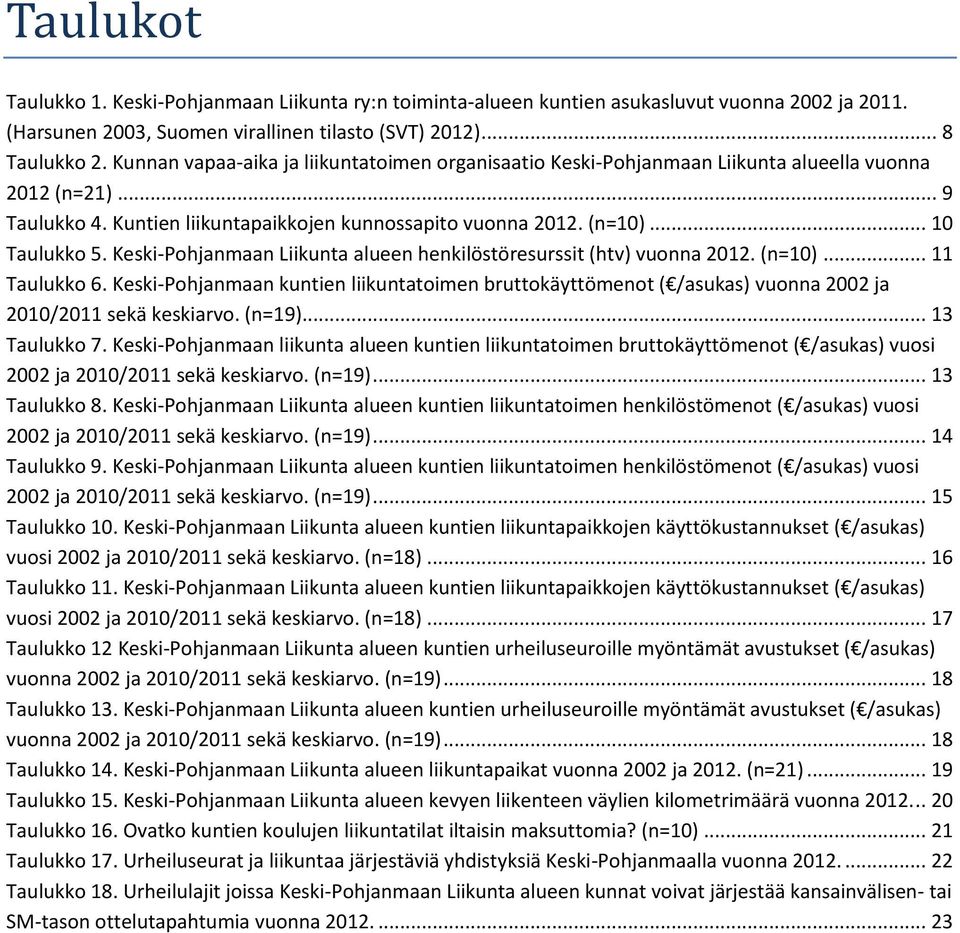 Keski-Pohjanmaan Liikunta alueen henkilöstöresurssit (htv) vuonna 2012. (n=10)... 11 Taulukko 6.