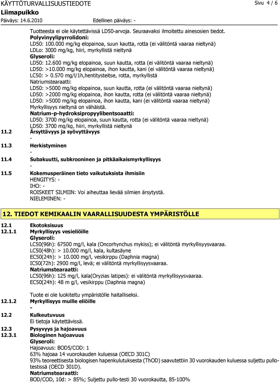 600 mg/kg elopainoa, suun kautta, rotta (ei välitöntä vaaraa nieltynä) LD50: >10.000 mg/kg elopainoa, ihon kautta, kani (ei välitöntä vaaraa nieltynä) LC50: > 0.