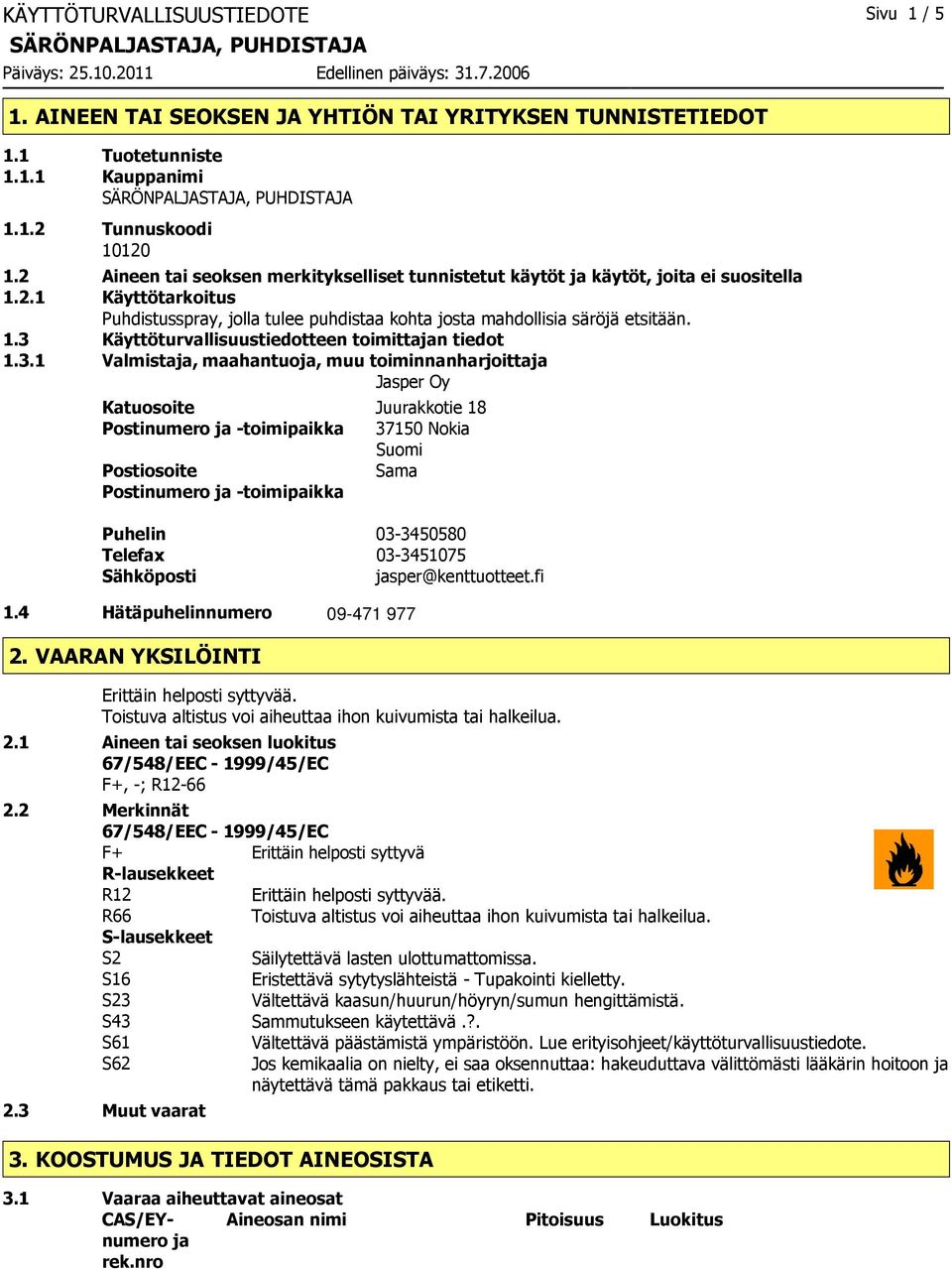 3.1 Valmistaja, maahantuoja, muu toiminnanharjoittaja Jasper Oy Katuosoite Juurakkotie 18 Postinumero ja -toimipaikka 37150 Nokia Suomi Postiosoite Sama Postinumero ja -toimipaikka Puhelin 03-3450580