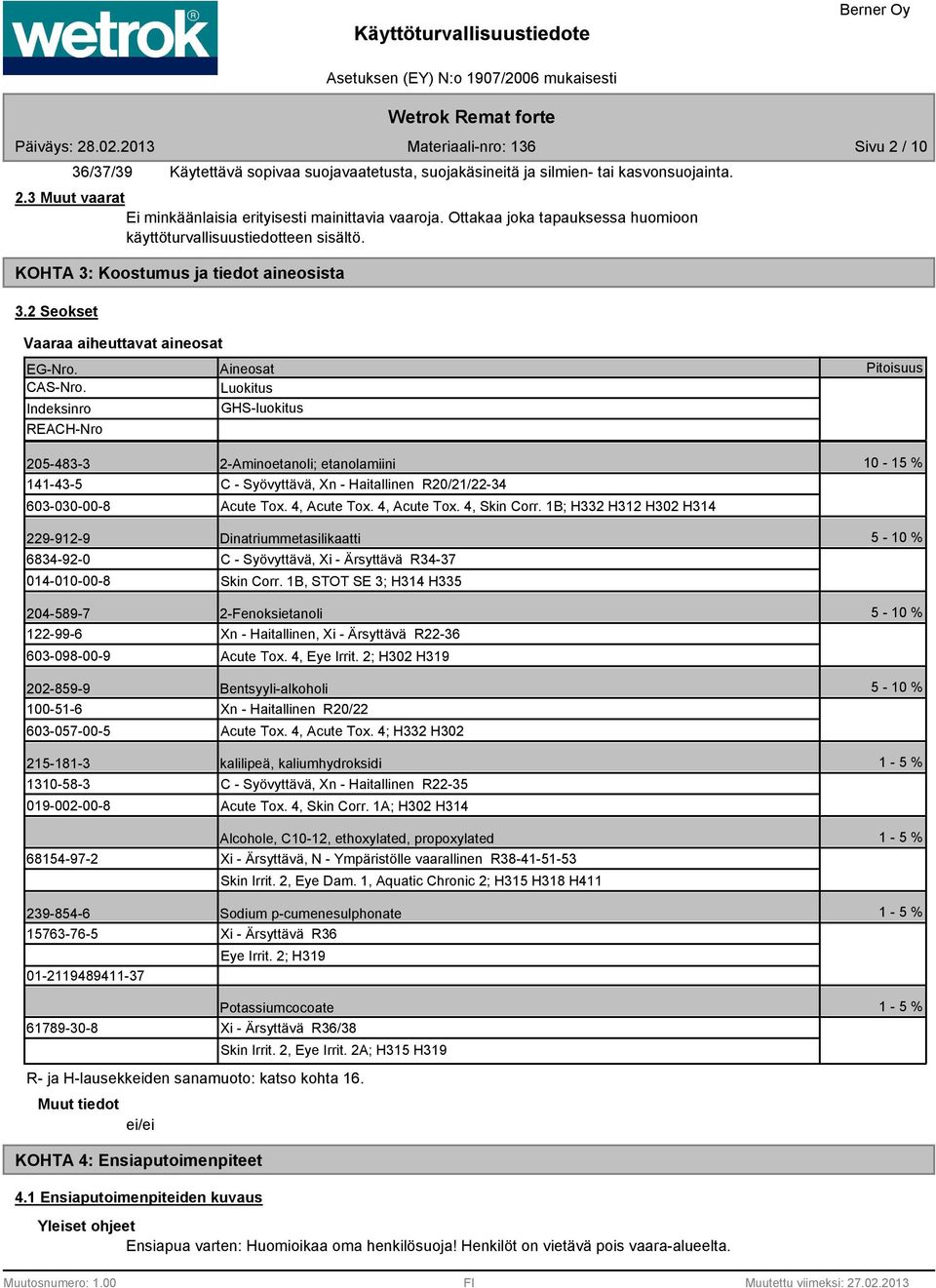 Luokitus Indeksinro GHS-luokitus REACH-Nro Pitoisuus 205-43-3 141-43-5 603-030-00-229-912-9 634-92-0 014-010-00-204-59-7 122-99-6 603-09-00-9 202-59-9 100-51-6 603-057-00-5 215-11-3 1310-5-3