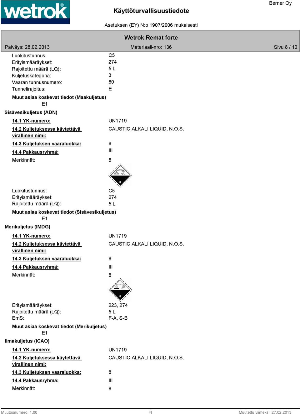 1 YK-numero: 14.2 Kuljetuksessa käytettävä virallinen nimi: 14.3 Kuljetuksen vaaraluokka: 14.4 Pakkausryhmä: Merkinnät: UN1719 CAUST