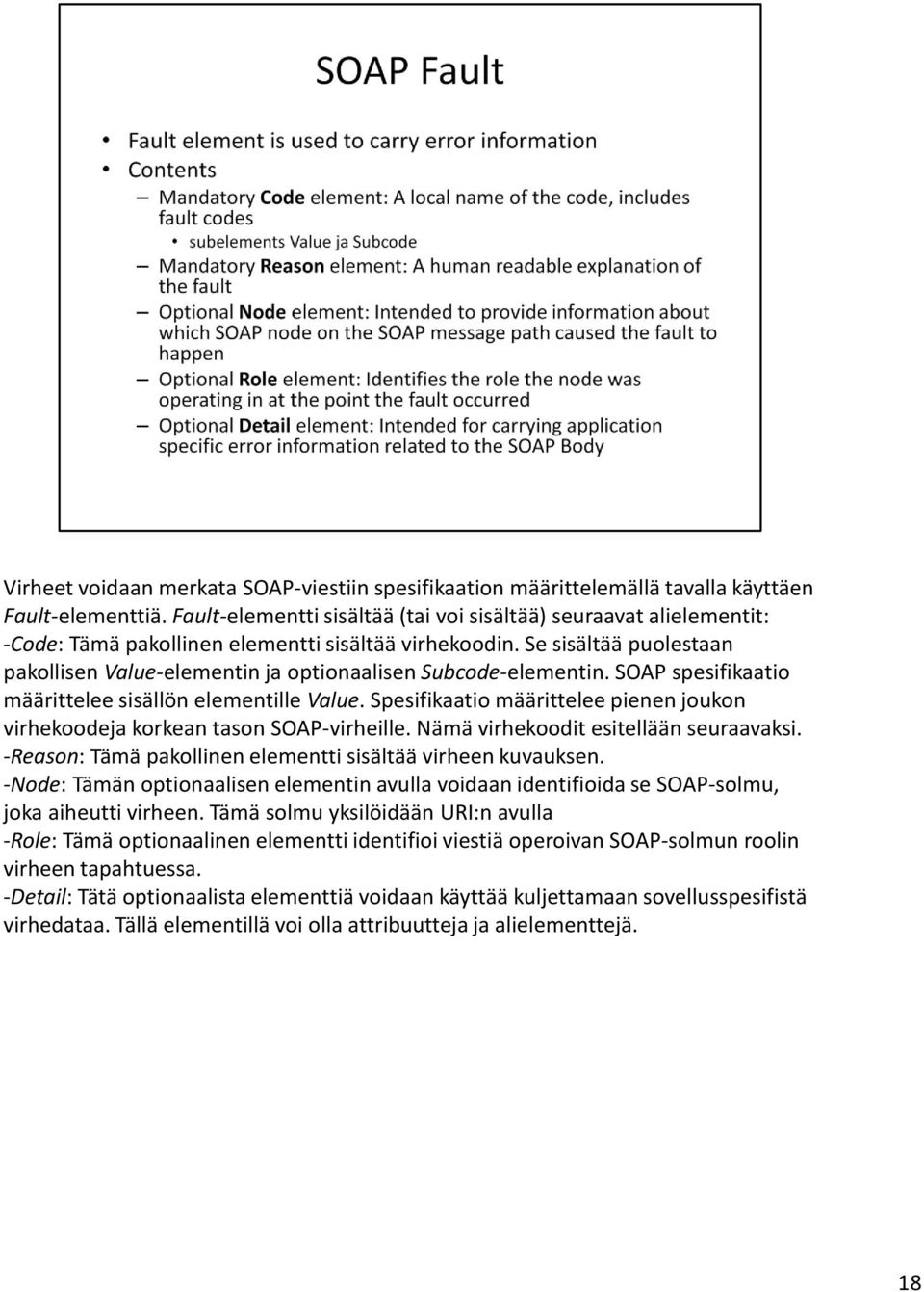 Se sisältää puolestaan pakollisen Value-elementin ja optionaalisen Subcode-elementin. SOAP spesifikaatio määrittelee sisällön elementille Value.