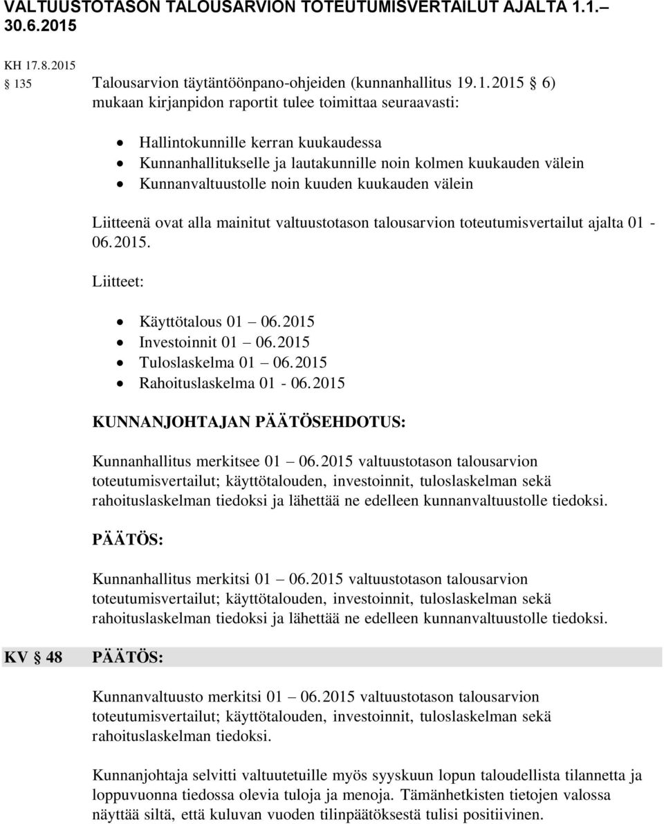 Kunnanhallitukselle ja lautakunnille noin kolmen kuukauden välein Kunnanvaltuustolle noin kuuden kuukauden välein Liitteenä ovat alla mainitut valtuustotason talousarvion toteutumisvertailut ajalta