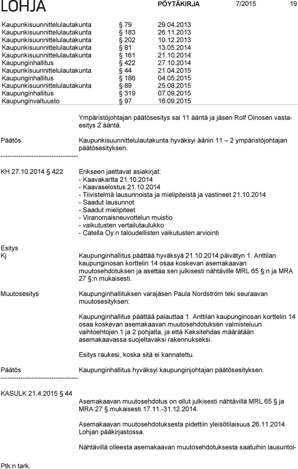 2015 Kaupunginhallitus 319 07.09.2015 Kaupunginvaltuusto 97 16.09.2015 Ympäristöjohtajan päätösesitys sai 11 ääntä ja jäsen Rolf Oinosen vas taesi tys 2 ääntä.