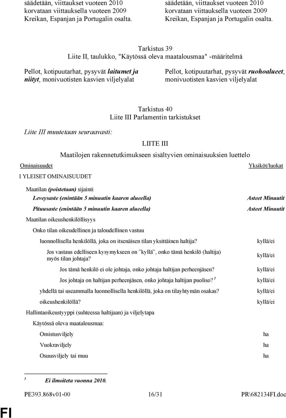 monivuotisten kasvien viljelyalat Liite III muutetaan seuraavasti: Tarkistus 40 Liite III Parlamentin tarkistukset Ominaisuudet LIITE III Maatilojen rakennetutkimukseen sisältyvien ominaisuuksien