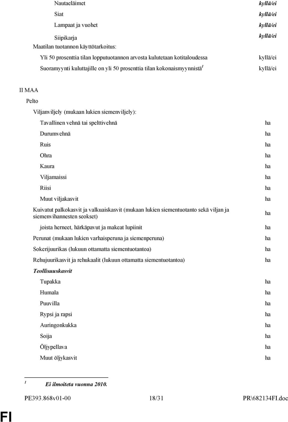 palkokasvit ja valkuaiskasvit (mukaan lukien siementuotanto sekä viljan ja siemenvinnesten seokset) joista herneet, härkäpavut ja makeat lupiinit Perunat (mukaan lukien varisperuna ja siemenperuna)
