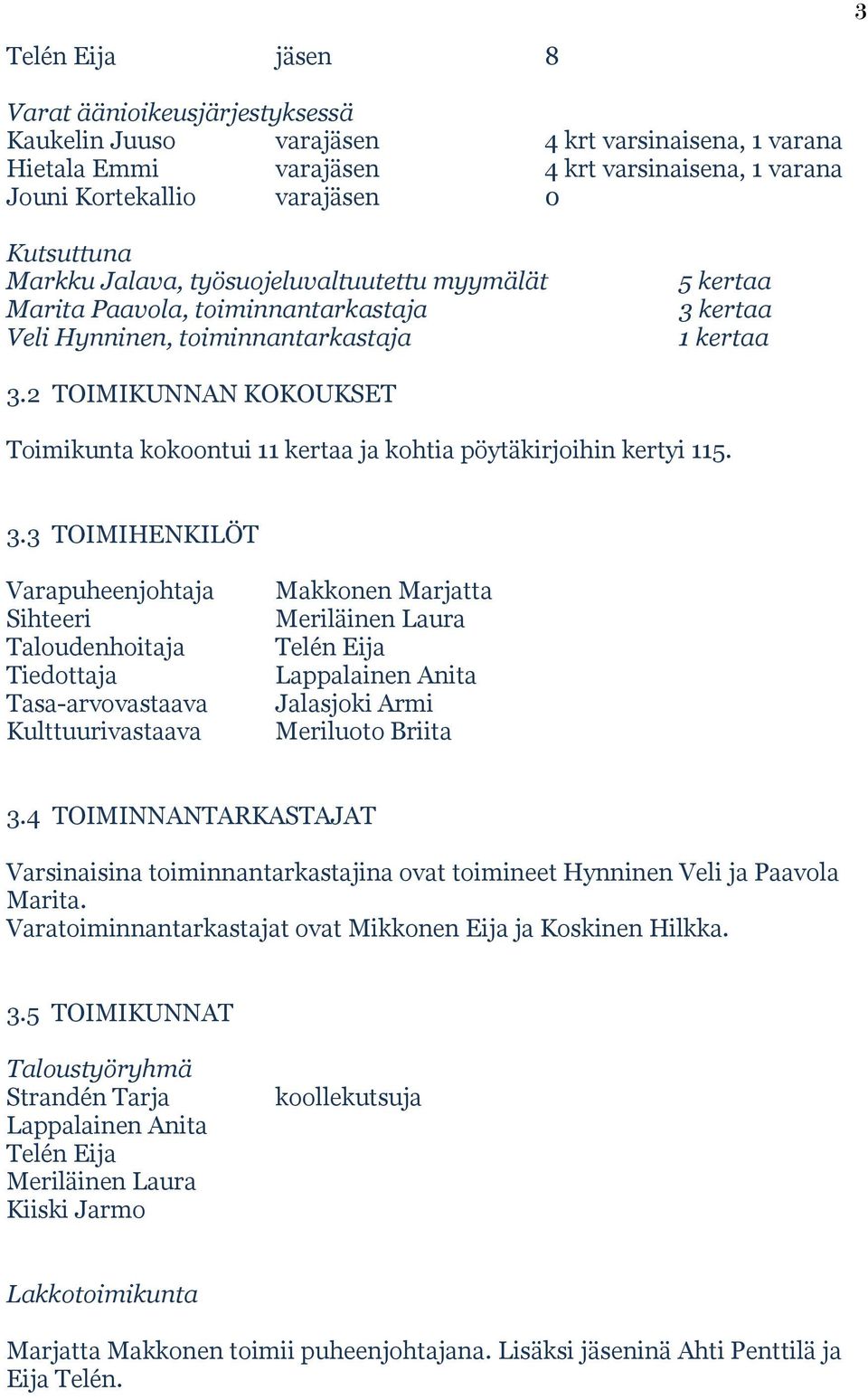 2 TOIMIKUNNAN KOKOUKSET Toimikunta kokoontui 11 kertaa ja kohtia pöytäkirjoihin kertyi 115. 3.