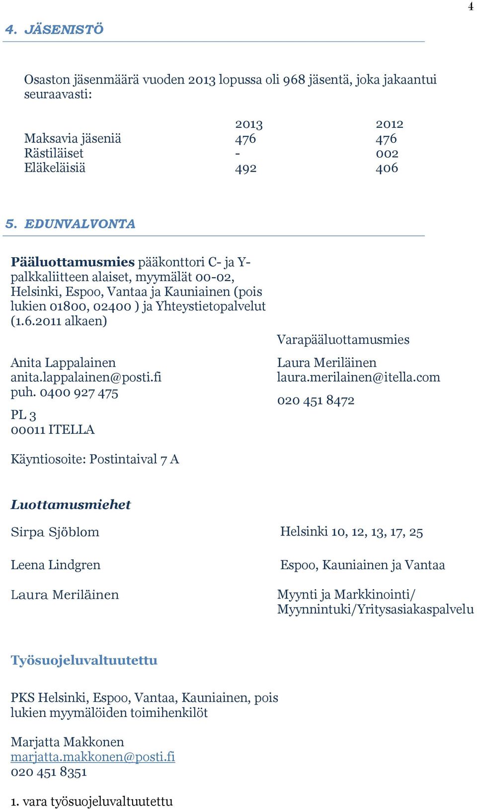 2011 alkaen) Anita Lappalainen anita.lappalainen@posti.fi puh. 0400 927 475 PL 3 00011 ITELLA Varapääluottamusmies Laura Meriläinen laura.merilainen@itella.