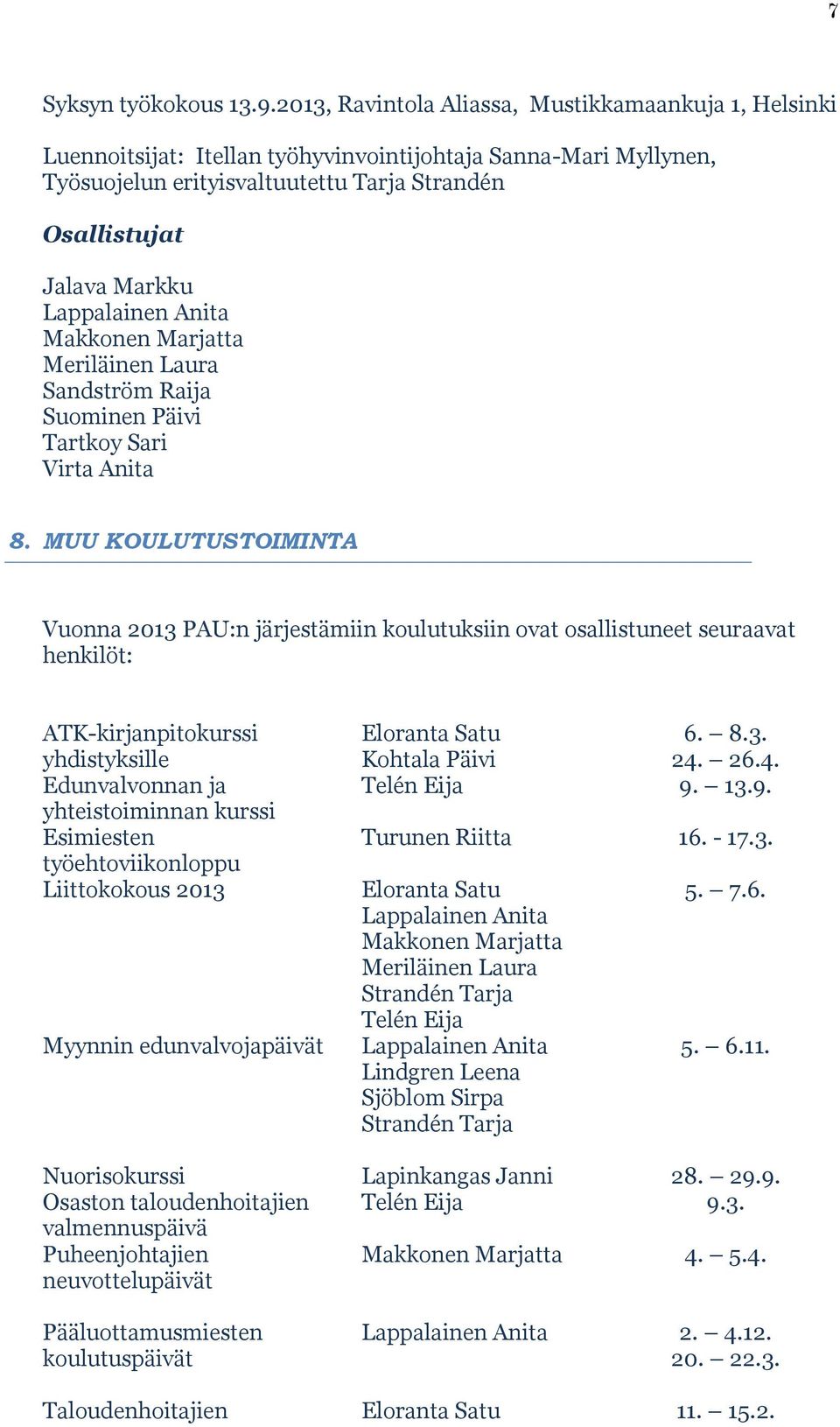 Sandström Raija Suominen Päivi Tartkoy Sari Virta Anita 8.