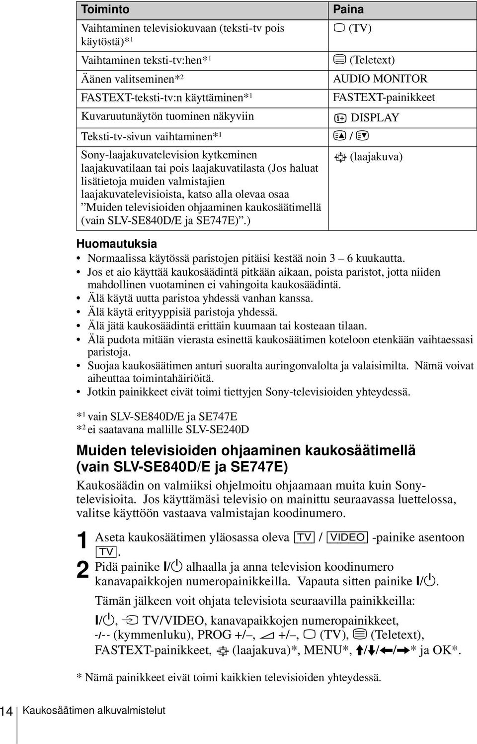 lisätietoja muiden valmistajien laajakuvatelevisioista, katso alla olevaa osaa Muiden televisioiden ohjaaminen kaukosäätimellä (vain SLV-SE840D/E ja SE747E).