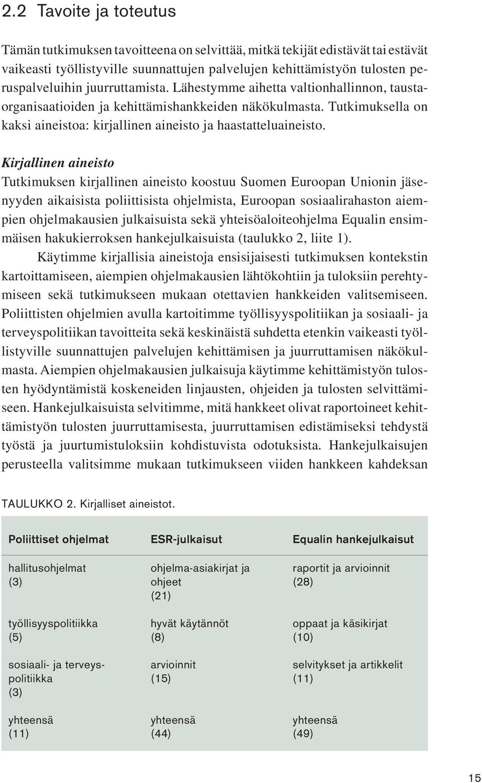 Kirjallinen aineisto Tutkimuksen kirjallinen aineisto koostuu Suomen Euroopan Unionin jäsenyyden aikaisista poliittisista ohjelmista, Euroopan sosiaalirahaston aiempien ohjelmakausien julkaisuista