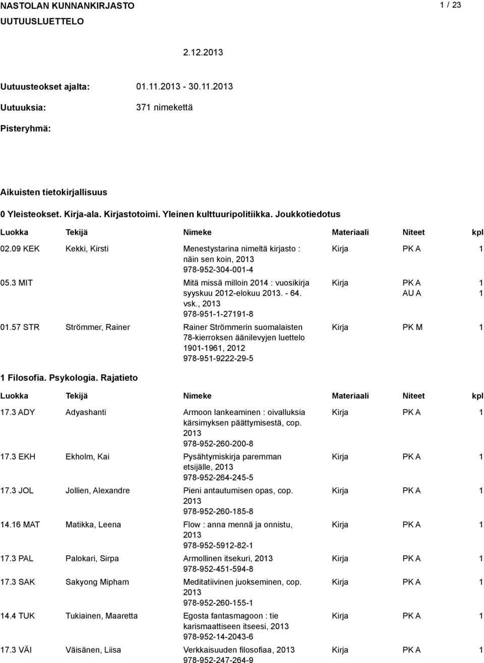 - 64. vsk., 03 978-95--79-8 0.57 STR Strömmer, Rainer Rainer Strömmerin suomalaisten 78-kierroksen äänilevyjen luettelo 90-96, 0 978-95-9-9-5 PK M Filosofia. Psykologia. Rajatieto 7.