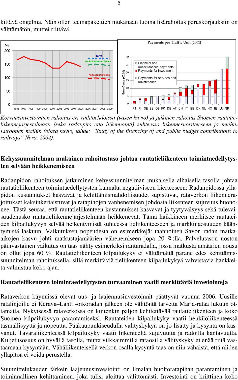 julkinen rahoitus Suomen rautatieliikennejärjestelmään (sekä radanpito että liikennöinti) suhteessa liikennesuoritteeseen ja muihin Euroopan maihin (oikea kuvio, lähde: Study of the financing of and