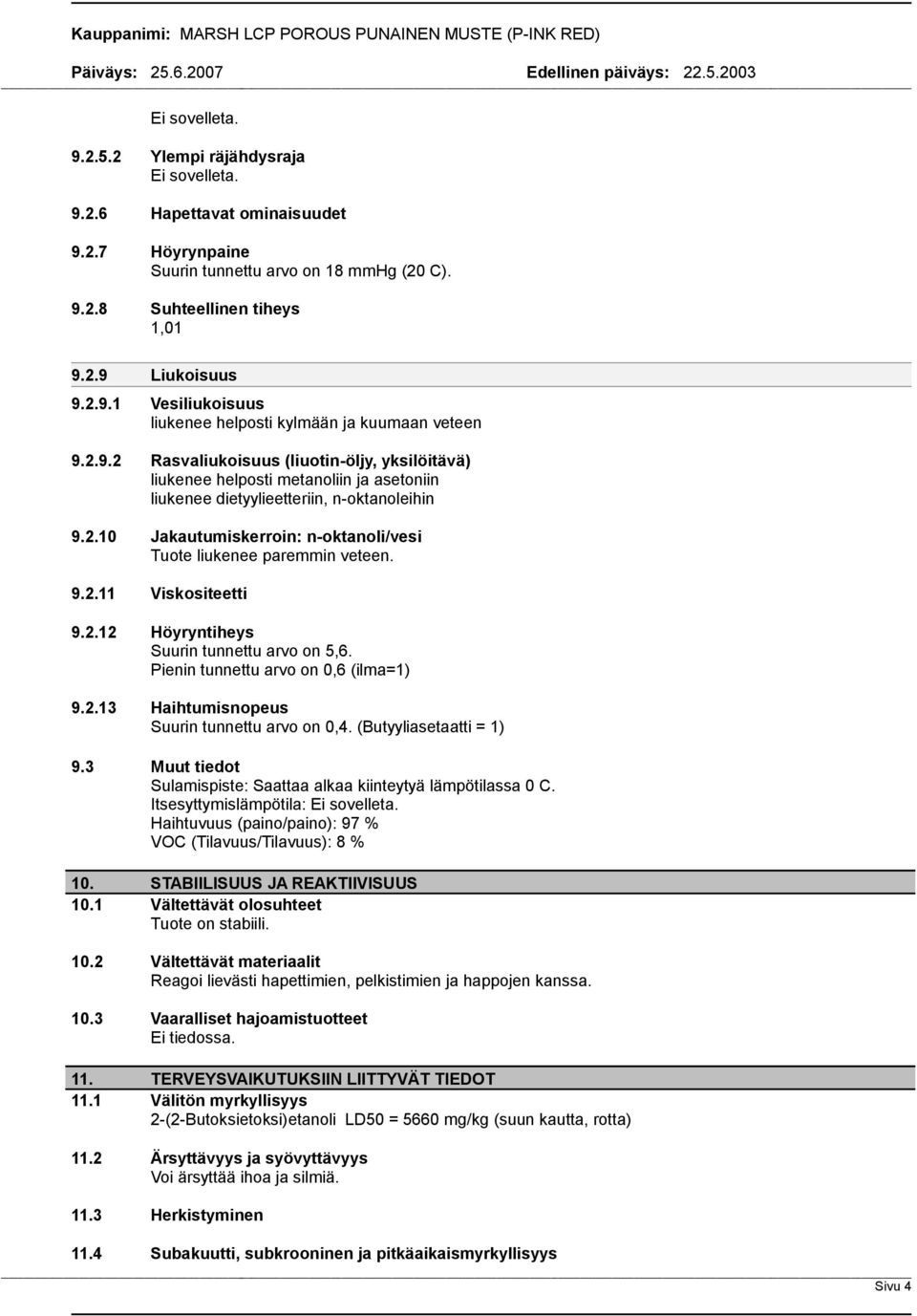 2.10 Jakautumiskerroin: noktanoli/vesi Tuote liukenee paremmin veteen. 9.2.11 Viskositeetti 9.2.12 Höyryntiheys Suurin tunnettu arvo on 5,6. Pienin tunnettu arvo on 0,6 (ilma=1) 9.2.13 Haihtumisnopeus Suurin tunnettu arvo on 0,4.