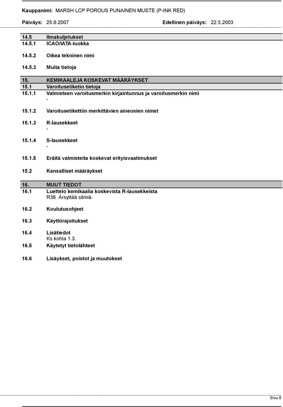 1.3 Rlausekkeet 15.1.4 Slausekkeet 15.1.5 Eräitä valmisteita koskevat erityisvaatimukset 15.2 Kansalliset määräykset 16. MUUT TIEDOT 16.