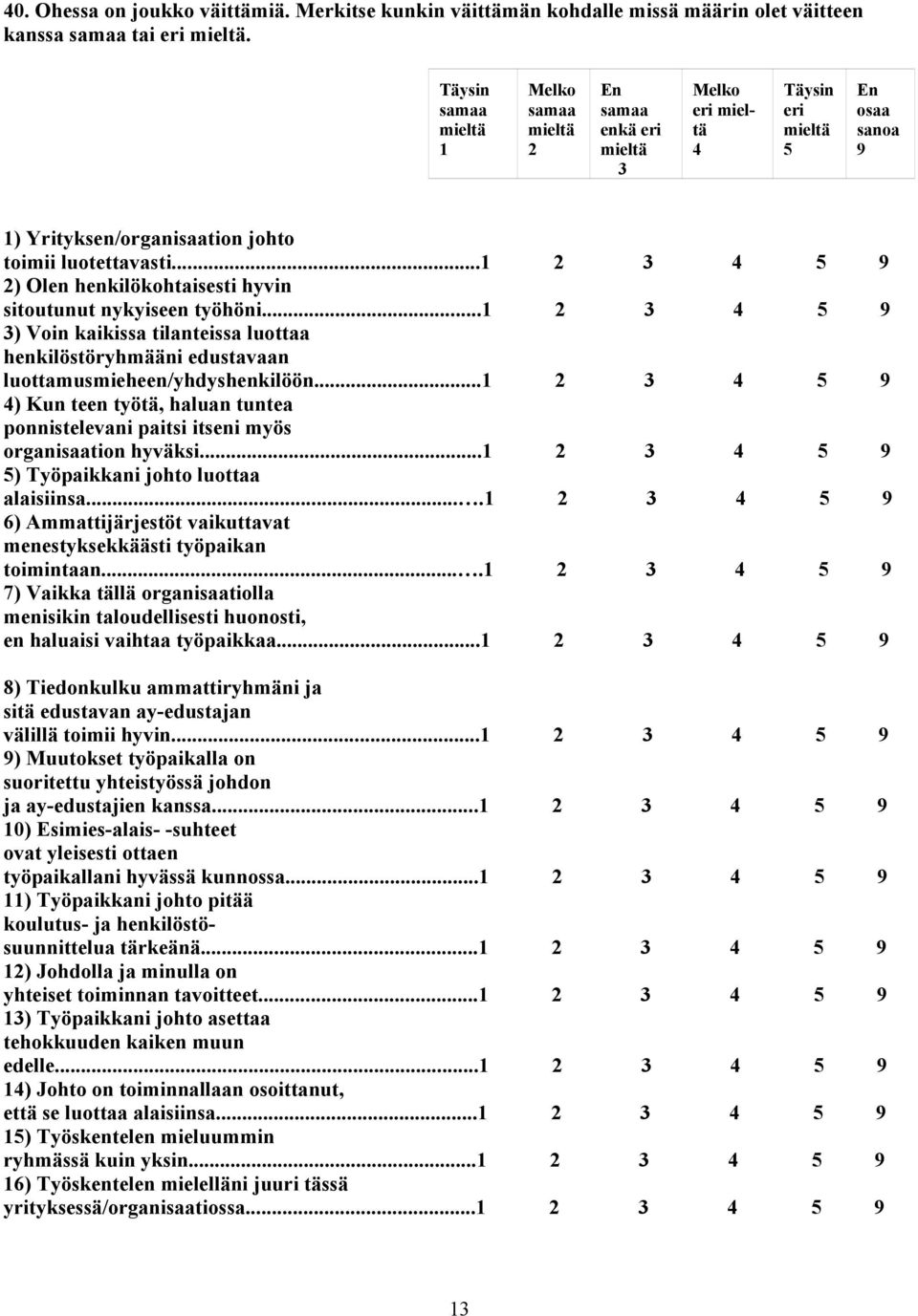 .. ) Kun teen työtä, haluan tuntea ponnistelevani paitsi itseni myös organisaation hyväksi... ) Työpaikkani johto luottaa alaisiinsa.