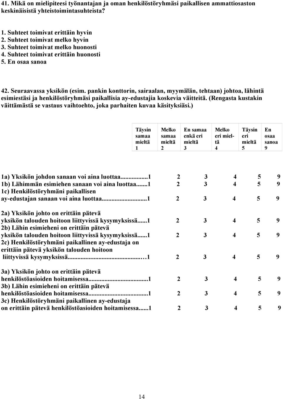 pankin konttorin, sairaalan, myymälän, tehtaan) johtoa, lähintä esimiestäsi ja henkilöstöryhmäsi paikallisia ay-edustajia koskevia väitteitä.