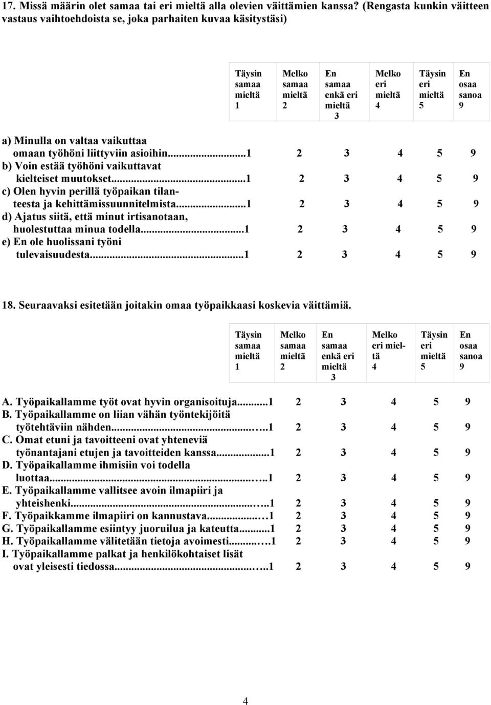 .. b) Voin estää työhöni vaikuttavat kielteiset muutokset... c) Olen hyvin pllä työpaikan tilanteesta ja kehittämissuunnitelmista... d) Ajatus siitä, että minut irtisanotaan, huolestuttaa minua todella.