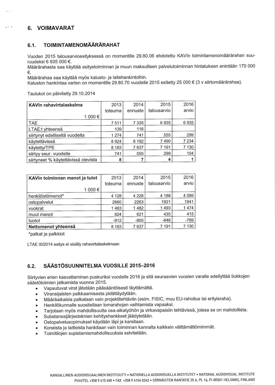 Kaluston hankintaa varten on momentille 29.80.70 vuodelle 2015 esitetty 25 000 (3 v siirtomäärärahaa). Taulukot on paivitetty29.10.