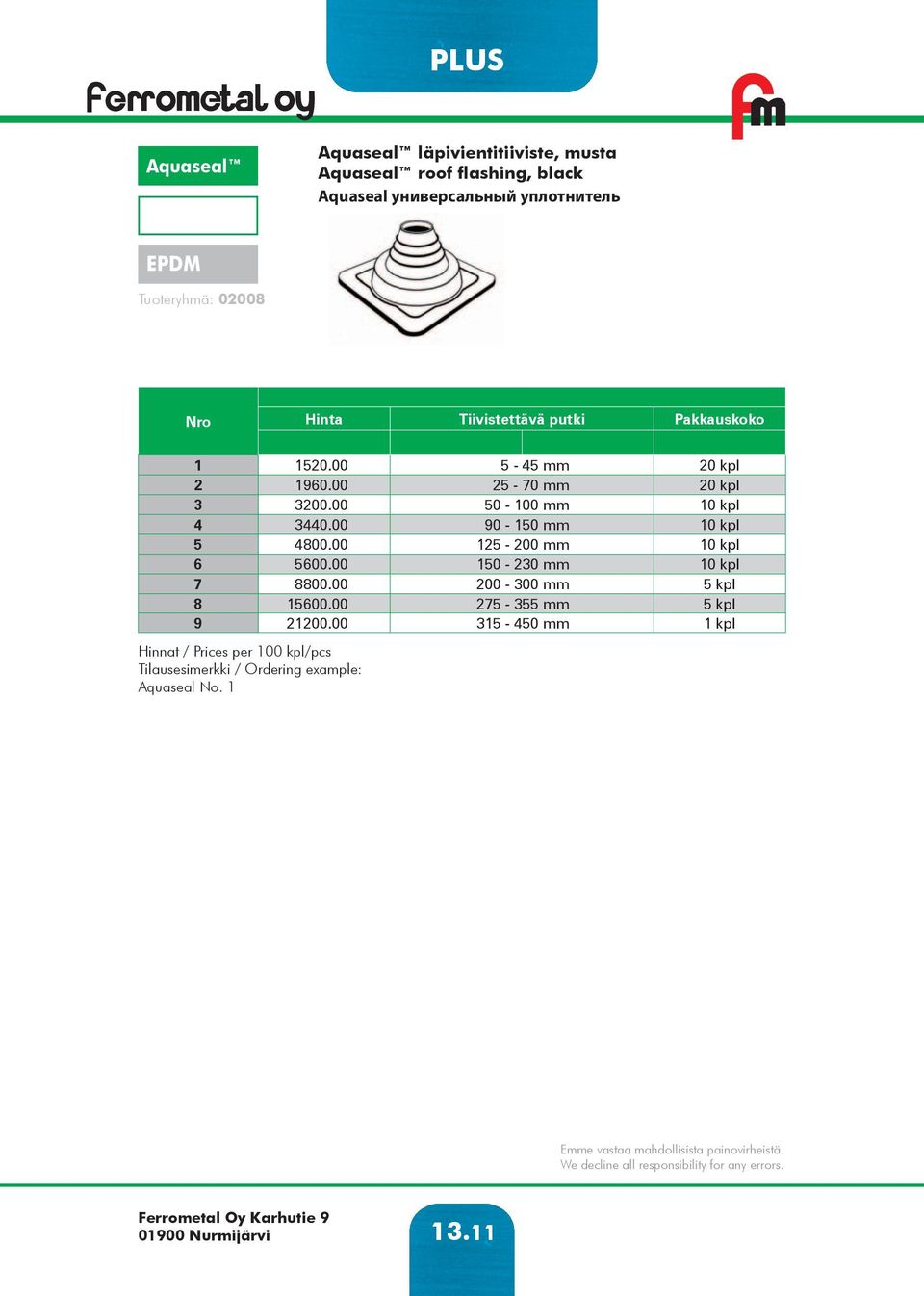 00 50-100 mm 10 kpl 4 3440.00 90-150 mm 10 kpl 5 4800.00 125-200 mm 10 kpl 6 5600.00 150-230 mm 10 kpl 7 8800.