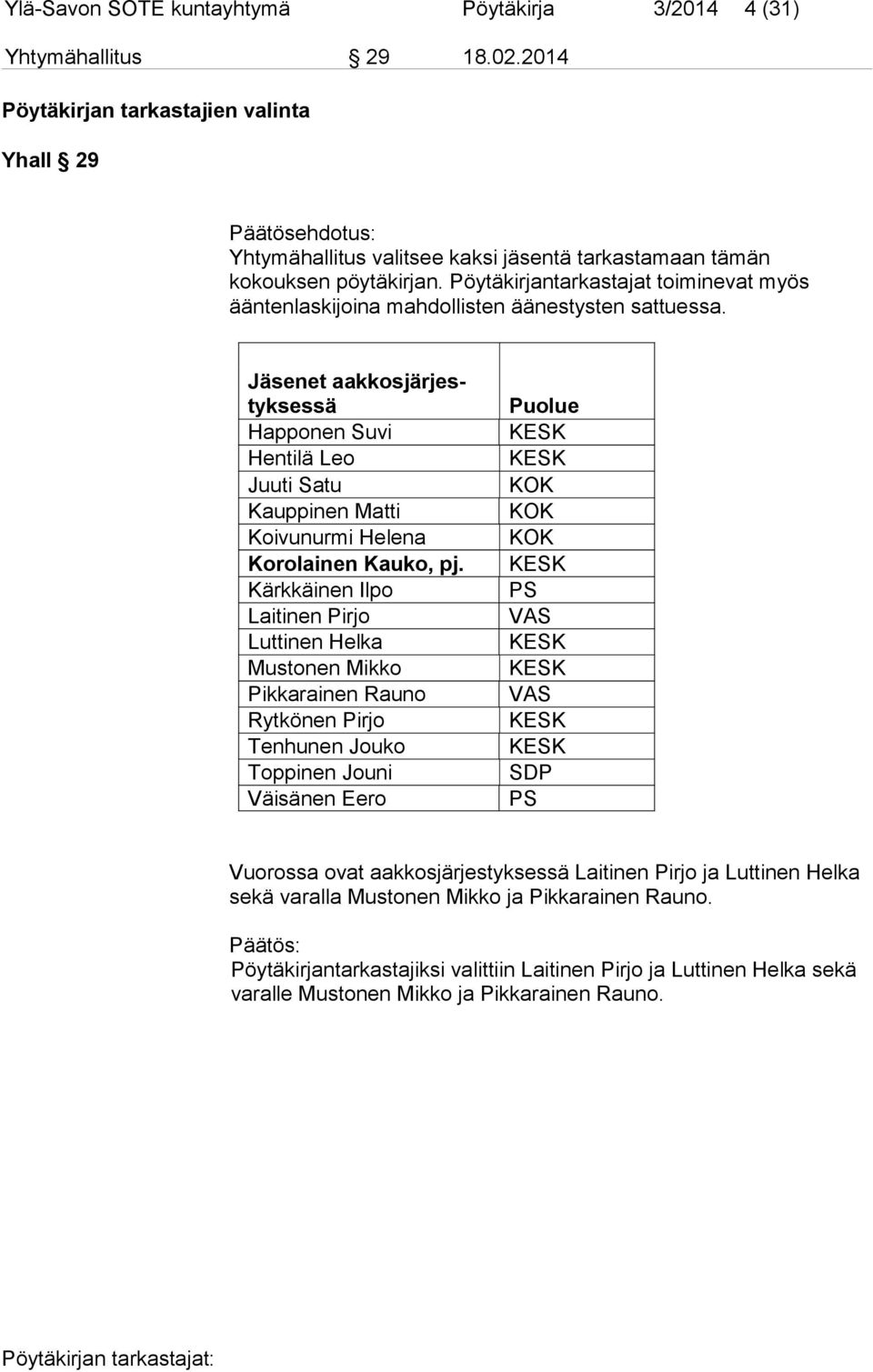 Pöytäkirjantarkastajat toiminevat myös ääntenlaskijoina mahdollisten äänestysten sattuessa.