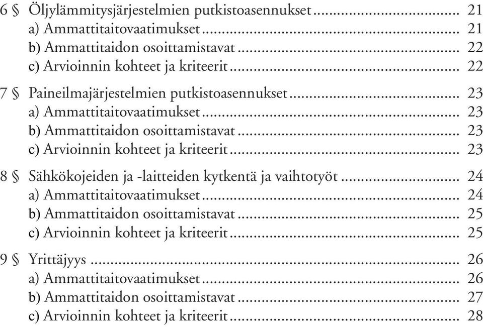 .. 23 c) Arvioinnin kohteet ja kriteerit... 23 8 Sähkökojeiden ja -laitteiden kytkentä ja vaihtotyöt... 24 a) Ammattitaitovaatimukset.