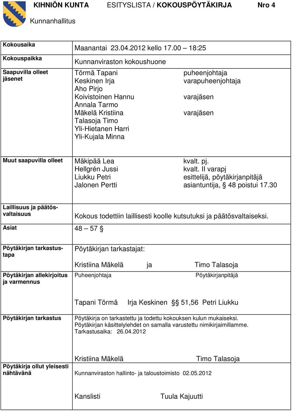 varapuheenjohtaja varajäsen varajäsen Muut saapuvilla olleet Mäkipää Lea Hellgrén Jussi Liukku Petri Jalonen Pertti kvalt. pj. kvalt. II varapj esittelijä, pöytäkirjanpitäjä asiantuntija, 48 poistui 17.