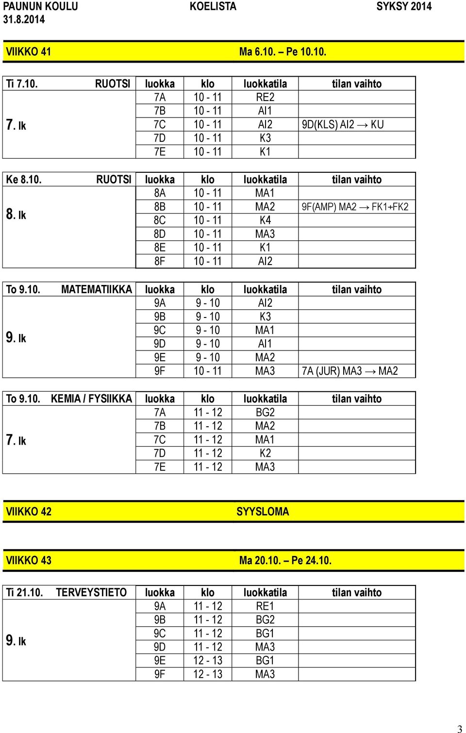 10. Pe 24.10. Ti 21.10. TERVEYSTIETO luokka klo luokkatila tilan vaihto 9A 11-12 RE1 9B 11-12 BG2 9C 11-12 BG1 9D 11-12 MA3 9E 12-13 BG1 9F 12-13 MA3 3