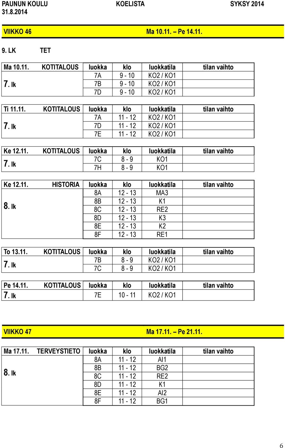 11. KOTITALOUS luokka klo luokkatila tilan vaihto 7B 8-9 KO2 / KO1 7C 8-9 KO2 / KO1 Pe 14.11. KOTITALOUS luokka klo luokkatila tilan vaihto 7E 10-11 KO2 / KO1 VIIKKO 47 Ma 17.11. Pe 21.11. Ma 17.11. TERVEYSTIETO luokka klo luokkatila tilan vaihto 8A 11-12 AI1 8B 11-12 BG2 8C 11-12 RE2 8D 11-12 K1 8E 11-12 AI2 8F 11-12 BG1 6