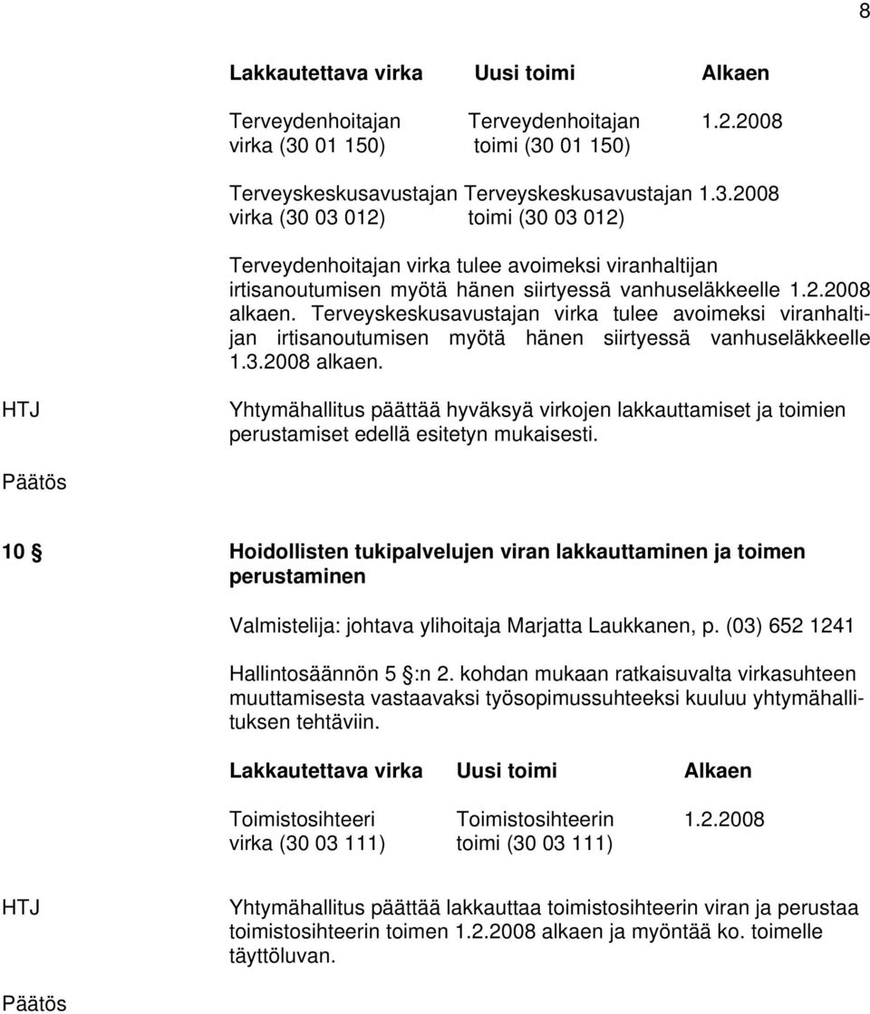 2.2008 alkaen. Terveyskeskusavustajan virka tulee avoimeksi viranhaltijan irtisanoutumisen myötä hänen siirtyessä vanhuseläkkeelle 1.3.2008 alkaen. Yhtymähallitus päättää hyväksyä virkojen lakkauttamiset ja toimien perustamiset edellä esitetyn mukaisesti.