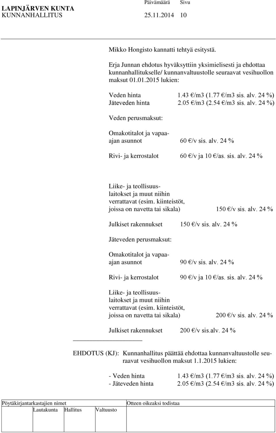 24 %) Jäteveden hinta 2.05 /m3 (2.54 /m3 sis. alv. 24 %) Veden perusmaksut: Omakotitalot ja vapaaajan asunnot 60 /v sis. alv. 24 % Rivi- ja kerrostalot 60 /v ja 10 /as. sis. alv. 24 % Liike- ja teollisuuslaitokset ja muut niihin verrattavat (esim.