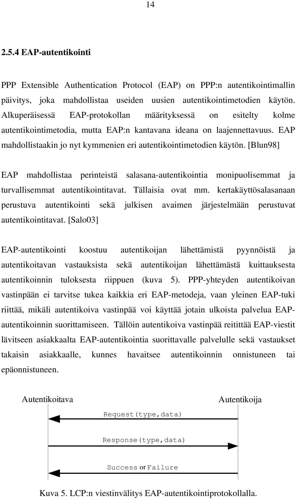 EAP mahdollistaakin jo nyt kymmenien eri autentikointimetodien käytön. [Blun98] EAP mahdollistaa perinteistä salasana-autentikointia monipuolisemmat ja turvallisemmat autentikointitavat.