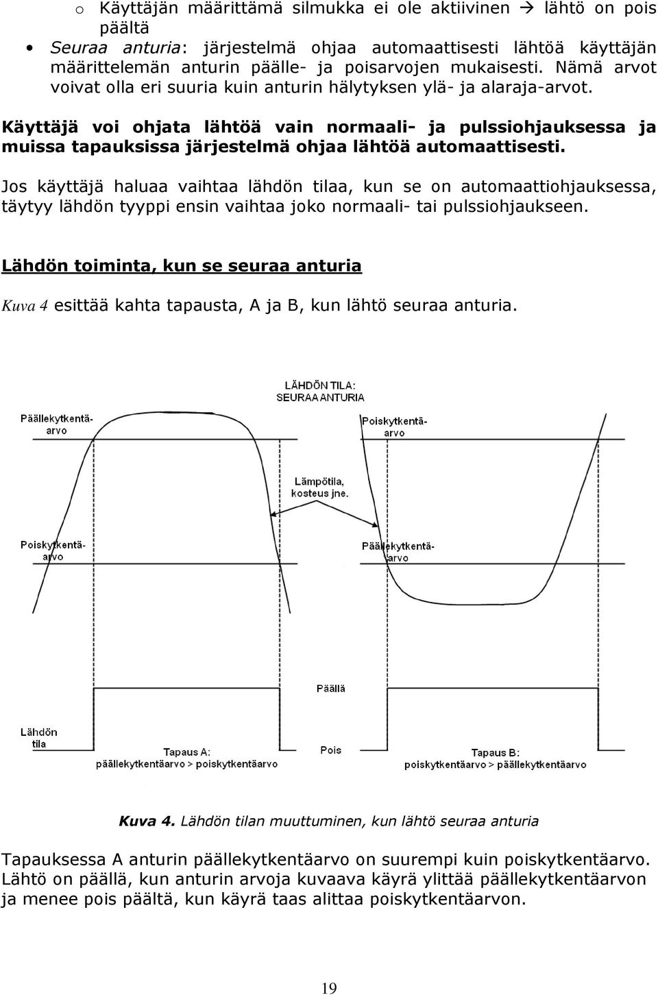 Käyttäjä voi ohjata lähtöä vain normaali- ja pulssiohjauksessa ja muissa tapauksissa järjestelmä ohjaa lähtöä automaattisesti.