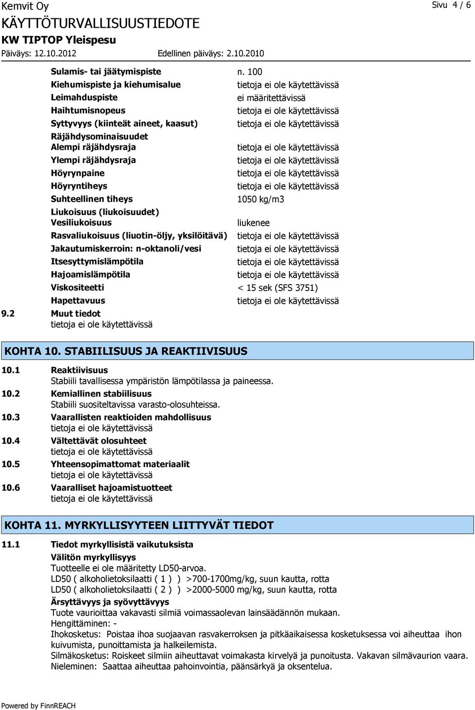 tiheys Liukoisuus (liukoisuudet) Vesiliukoisuus Rasvaliukoisuus (liuotin-öljy, yksilöitävä) Jakautumiskerroin: n-oktanoli/vesi Itsesyttymislämpötila Hajoamislämpötila ei määritettävissä 1050 kg/m3