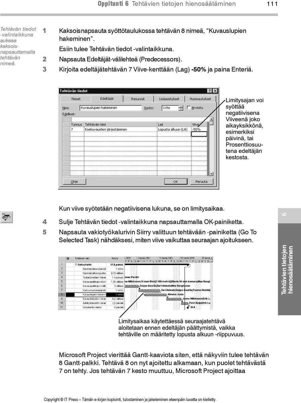 Kun viive syötetään negatiivisena lukuna, se on limitysaikaa. 4 Sulje Tehtävän tiedot -valintaikkuna napsauttamalla OK-painiketta.