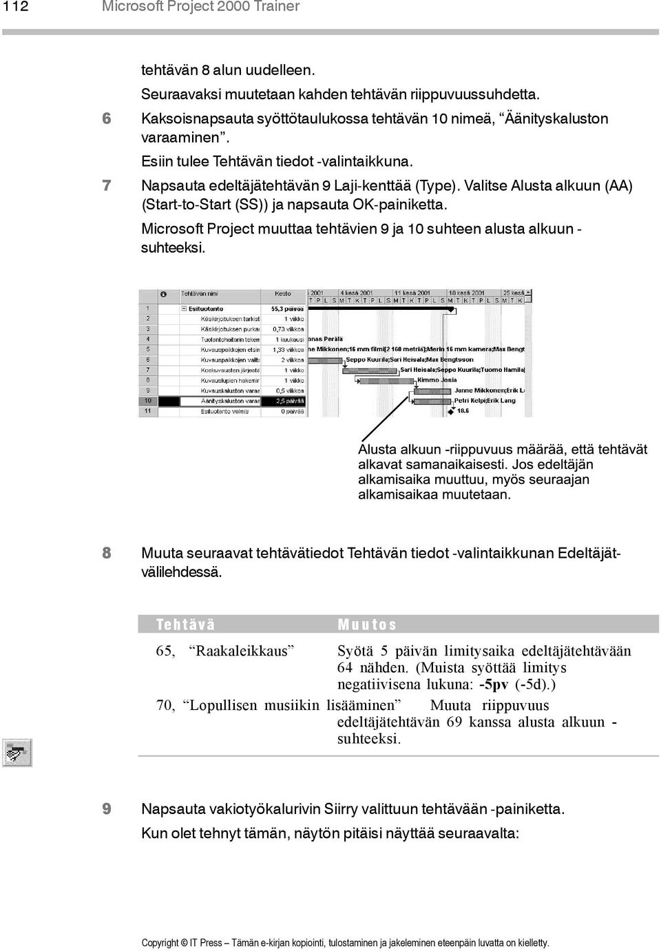 Microsoft Project muuttaa tehtävien 9 ja 10 suhteen alusta alkuun - suhteeksi. 8 Muuta seuraavat tehtävätiedot Tehtävän tiedot -valintaikkunan Edeltäjätvälilehdessä.