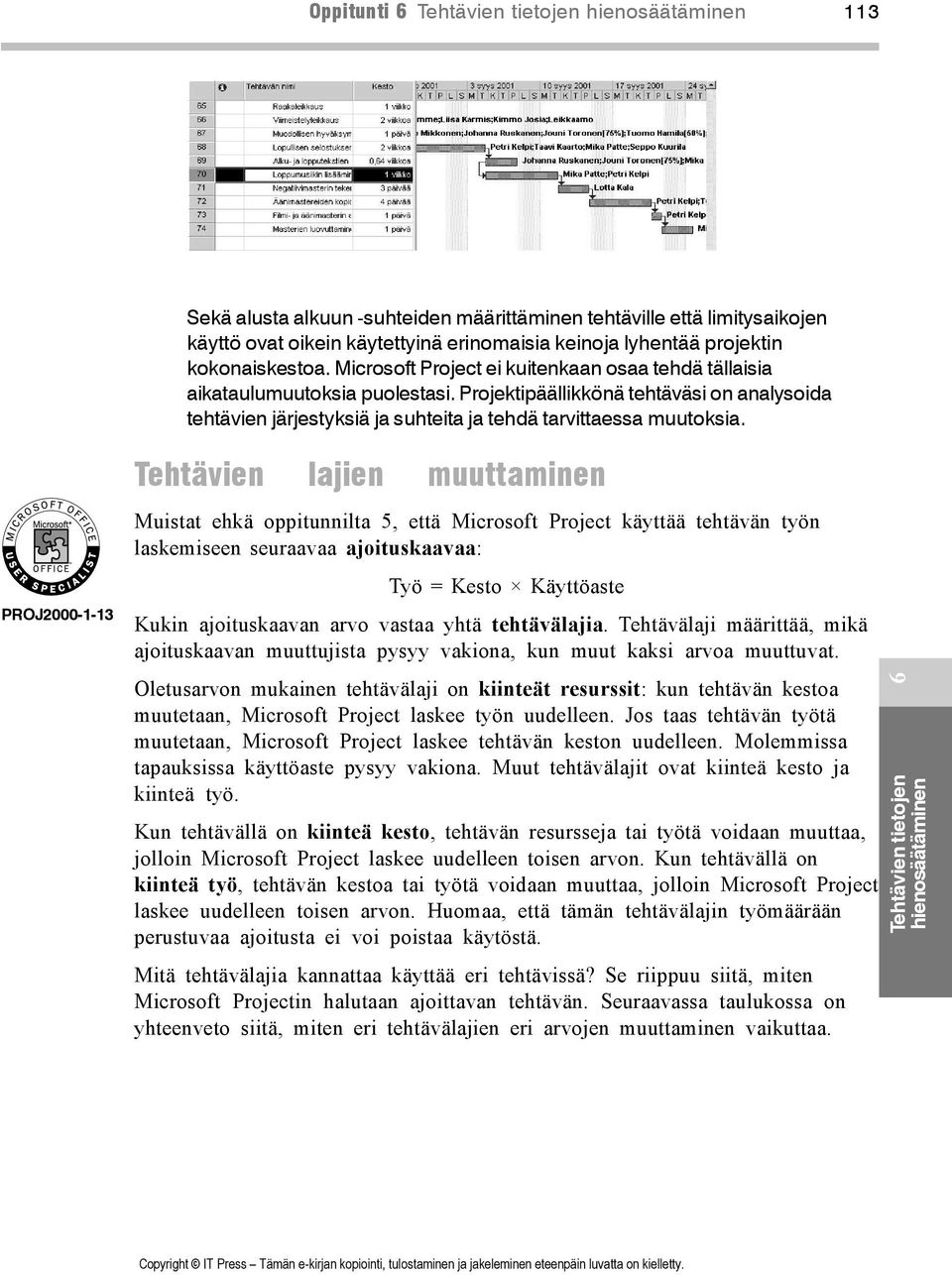 PROJ2000-1-13 Tehtävien lajien muuttaminen Muistat ehkä oppitunnilta 5, että Microsoft Project käyttää tehtävän työn laskemiseen seuraavaa ajoituskaavaa: Työ = Kesto Käyttöaste Kukin ajoituskaavan