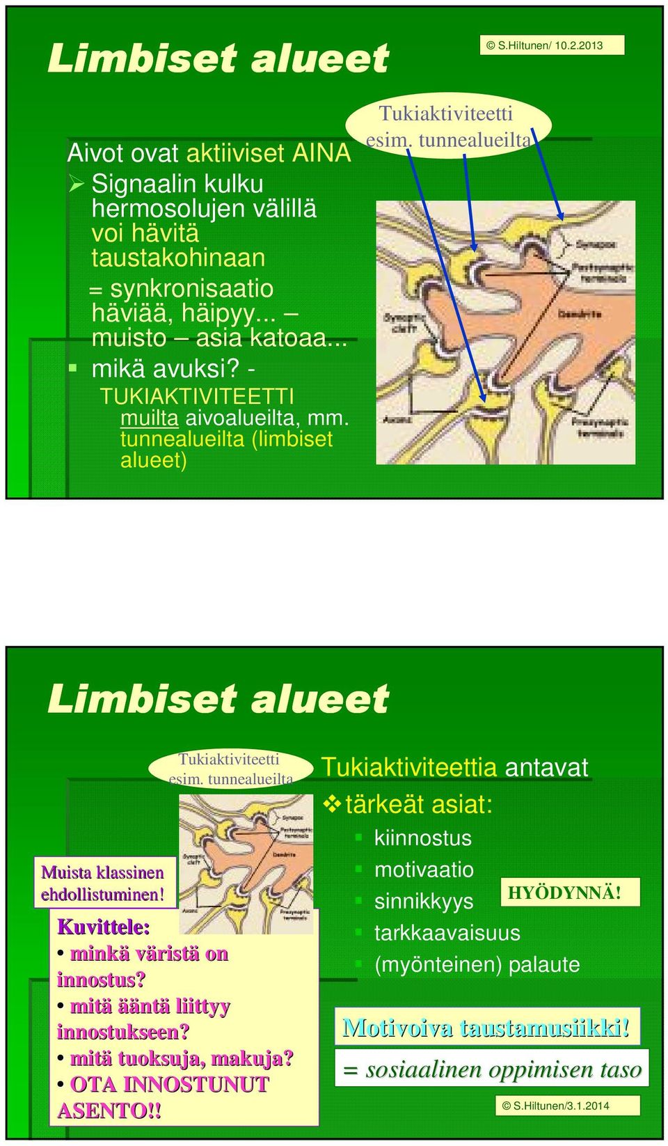 2013 Limbiset alueet Muista klassinen ehdollistuminen! Tukiaktiviteetti esim. tunnealueilta Kuvittele: minkä väristä on innostus? mitä äänt ntä liittyy innostukseen?