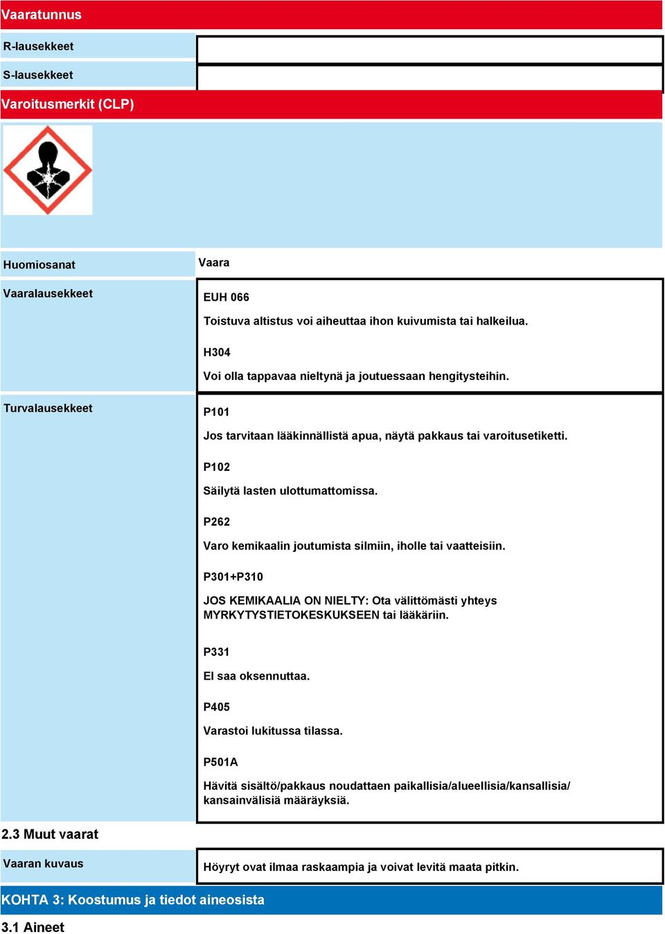 P262 Varo kemikaalin joutumista silmiin, iholle tai vaatteisiin. P301+P310 JOS KEMIKAALIA ON NIELTY: Ota välittömästi yhteys MYRKYTYSTIETOKESKUKSEEN tai lääkäriin. P331 EI saa oksennuttaa.