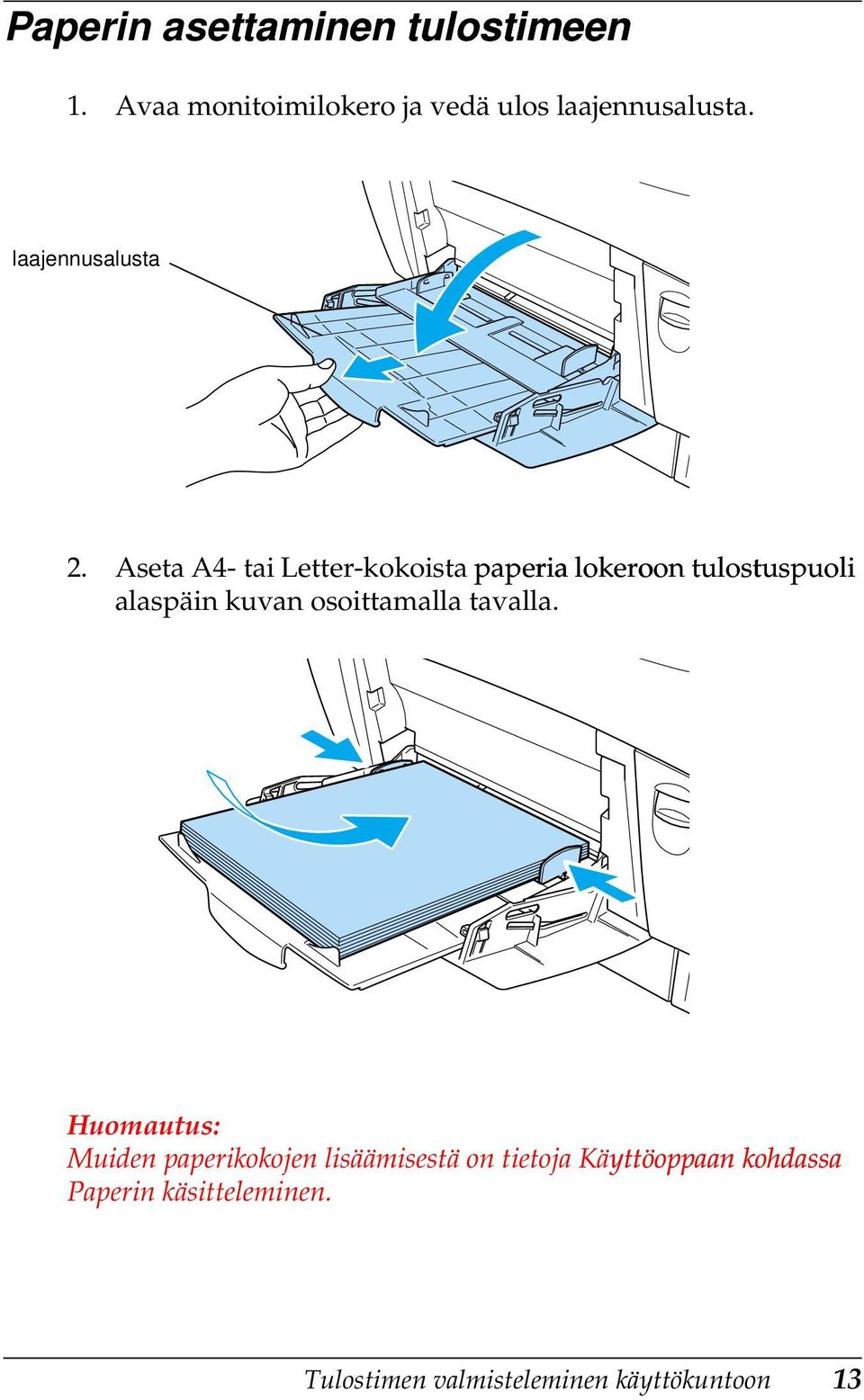 Aseta A4- tai Letter-kokoista paperia lokeroon tulostuspuoli alaspäin kuvan