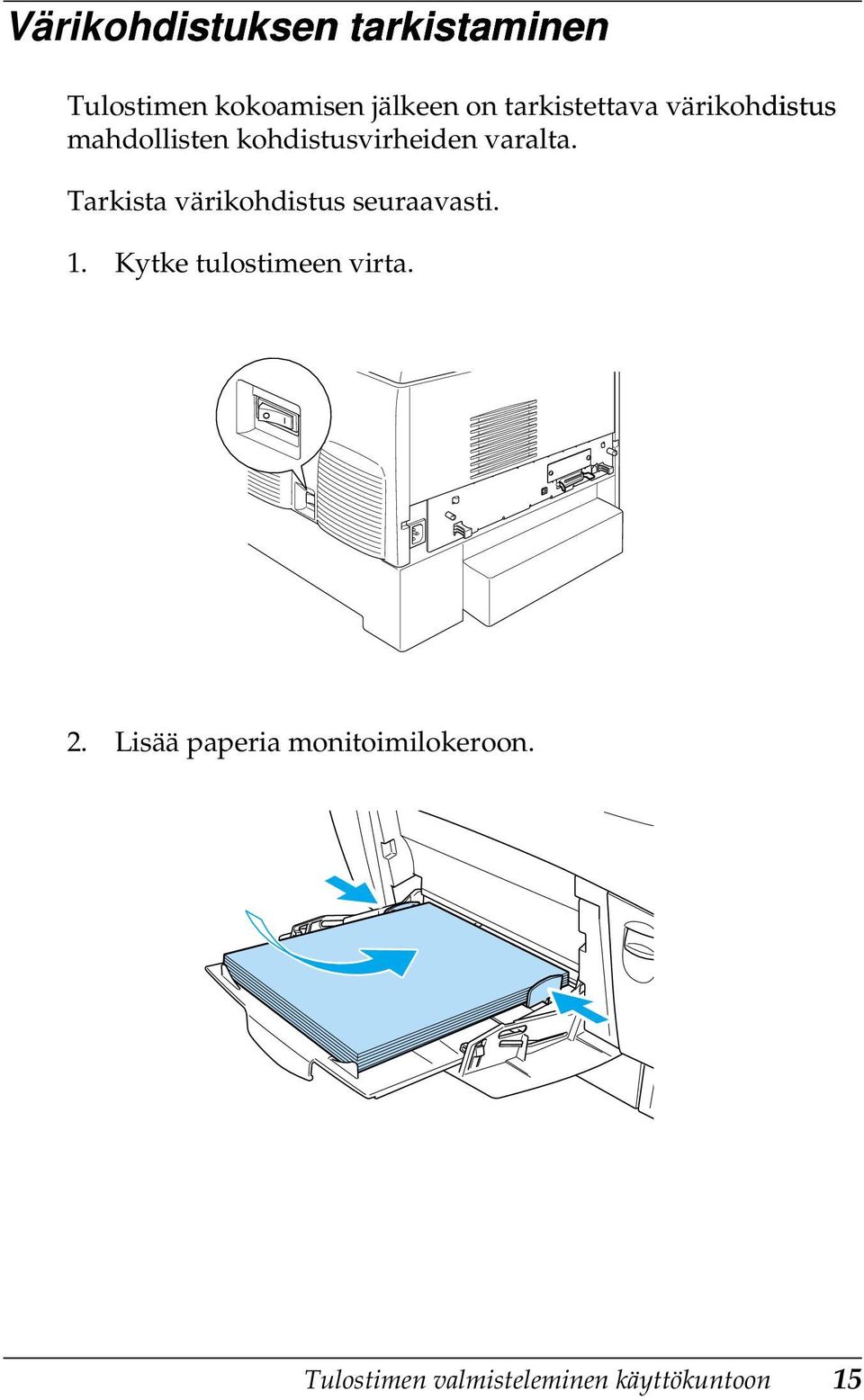 Tarkista värikohdistus seuraavasti. 1. Kytke tulostimeen virta. 2.