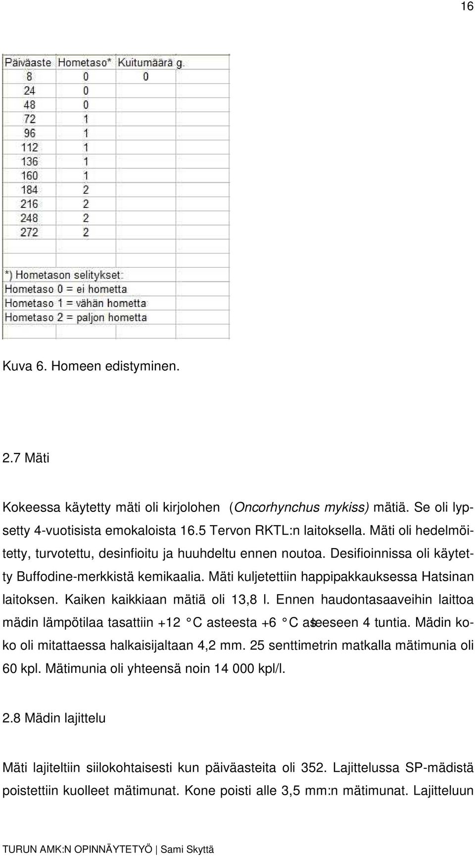 Kaiken kaikkiaan mätiä oli 13,8 l. Ennen haudontasaaveihin laittoa mädin lämpötilaa tasattiin +12 C asteesta +6 C asteeseen 4 tuntia. Mädin koko oli mitattaessa halkaisijaltaan 4,2 mm.