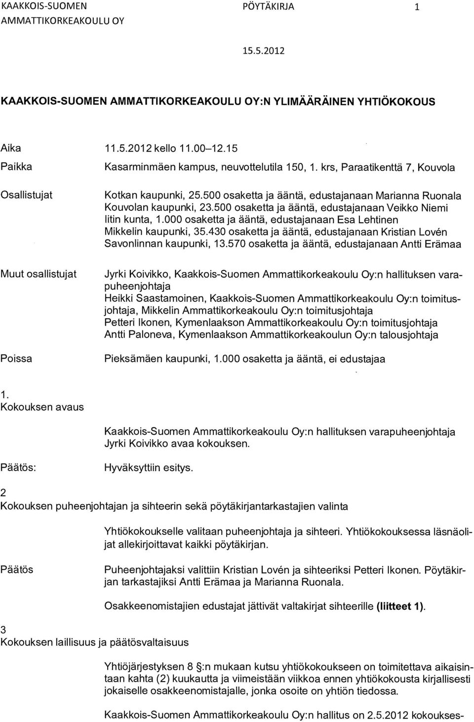 500 osaketta ja ääntä, edustajanaan Veikko Niemi litin kunta, 1.000 osaketta ja ääntä, edustajanaan Esa Lehtinen Mikkelin kaupunki, 35.